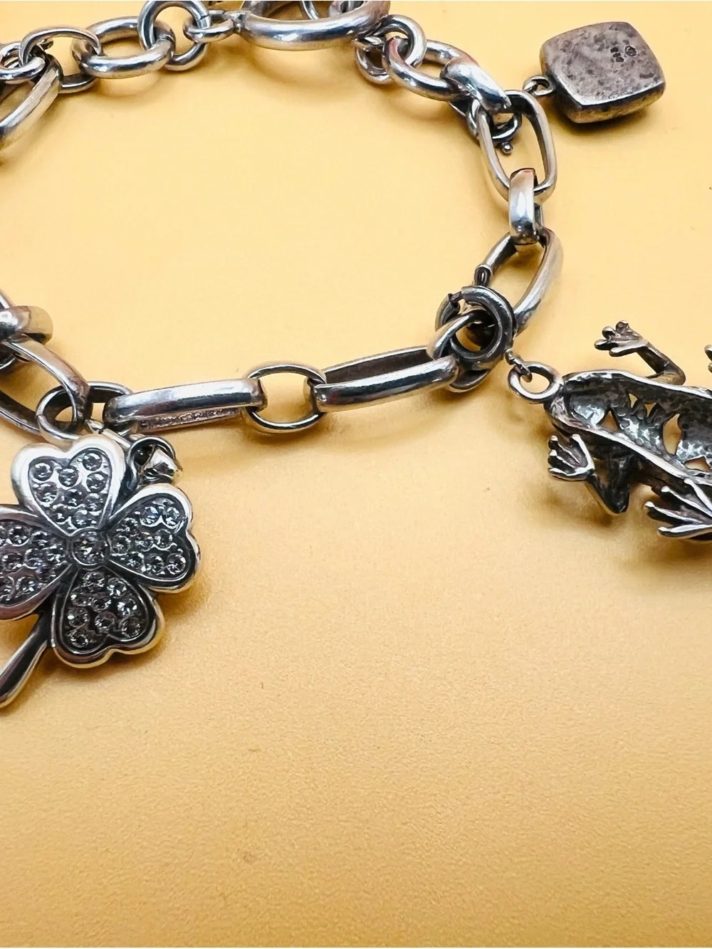 Silver Charm Bracelet with Clover & Dragonfly stamped .925